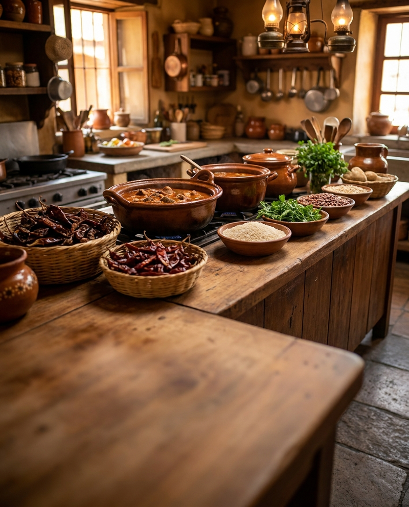 Cocina de restaurante o fonda con ingredientes